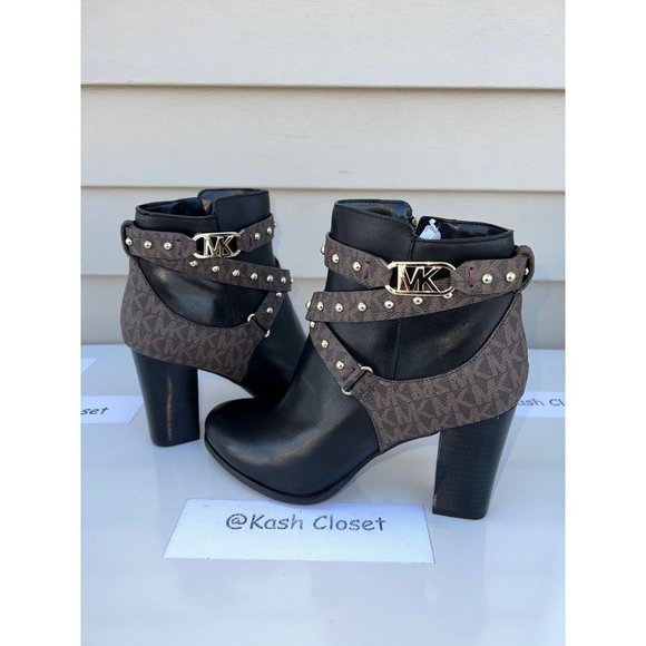 Michael Kors Kincaid Studded Logo Ankle Boot Black Brown Multi - Picture 1 of 11